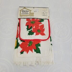 Startex Kitchen Ensembles Poinsettia Christmas Towel Potholder Dishcloth Set VTG